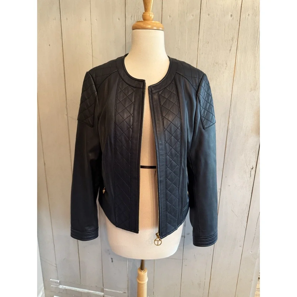 Tory‎ Burch Ryder Leather Jacket Soft Moto Gold Zip Sz-Lg Dark Navy NEW Rt 998$